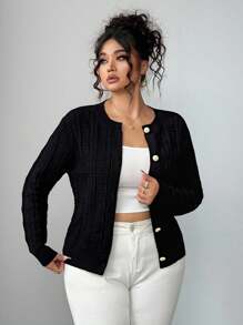 SHEIN Clasi Áo len cardigan dệt kim họa tiết tổ ong cài nút phía trước thanh lịch dành cho phụ nữ ngoại cỡ, áo len cardigan dệt kim - màu đen - Xem 4