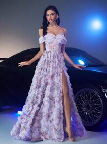 Glamrae Elegante vestido largo con estampado floral 3D de tul multicolor romántico, hombros descubiertos y abertura alta en la falda, con capa de tul vaporoso y silueta de línea A para eventos de noche
