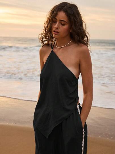 Aralina Beach Resort Summer Asymmetric One Shoulder Sleeveless Relaxed Fit Tank Top