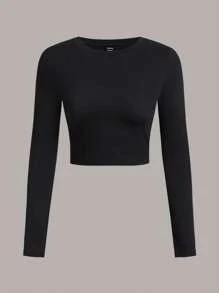 SHEIN EZwear 3 件套休闲百搭圆领长袖短款修身女式 T 恤，适合春秋季节 - 彩色 - 查看 3