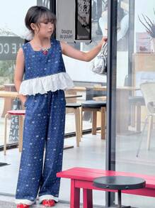 Tween GirlsKorean Fashion Summer New Flounce Hem Tank Top + Wide Leg Dot Bowknot Denim Pant 2 Pieces Outfit - Dark Wash - View 5