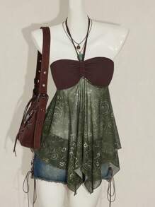SHEIN ICON Y2k Nữ Kiểu Tây Boho Babydoll Màu Nâu Và Xanh Lá Cây Kỳ Nghỉ In Họa Tiết Paisley Hạt Điều Dây Rút Cổ Halter Camisole - Nhiều màu - Xem 4