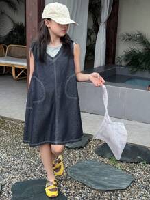 Dazy Kids 2pcs/Set Tween Girls Round Neck Knit Tank Top + V-Neck Denim Dress, Outfit For Tween Girl Fall - Multicolor - View 2