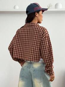 Coolane 女式夏季复古学院风短款格子宽松短款上衣红色衬衫 - 紅色 - 查看 4