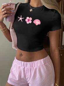 Aloruh 休闲简约海星花贝壳图案圆领短袖短款修身女式T恤，适合夏季