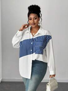 Maweii Plus Size Women Sexy Casual Commute Long Sleeve Striped Patchwork Cardigan Shirt - White - View 6