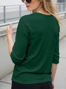 INAWLY Áo thun nữ cổ tròn màu trơn viền bất đối xứng thanh lịch khi đi làm - Màu xanh lá cây đậm - Xem 2