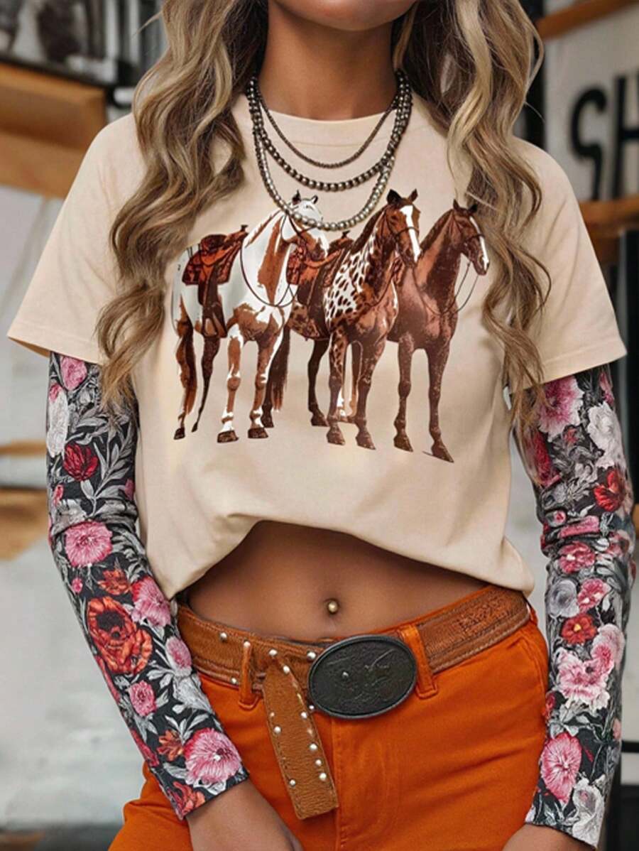 SHEIN LUNE Plus Size Horse Print Round Neck Short Sleeve T-Shirt, Casual Everyday Wear - Apricot - View 1