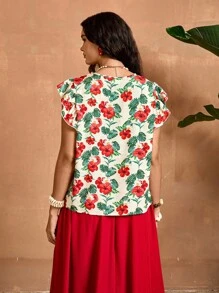 SHEIN VCAY 大码休闲度假风格热带印花盖袖波西米亚风衬衫 - 彩色 - 查看 2