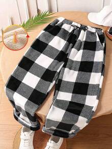 适合青少年男孩的休闲黑白格子宽松直筒蓬松裤 - 黑與白 - 查看 1