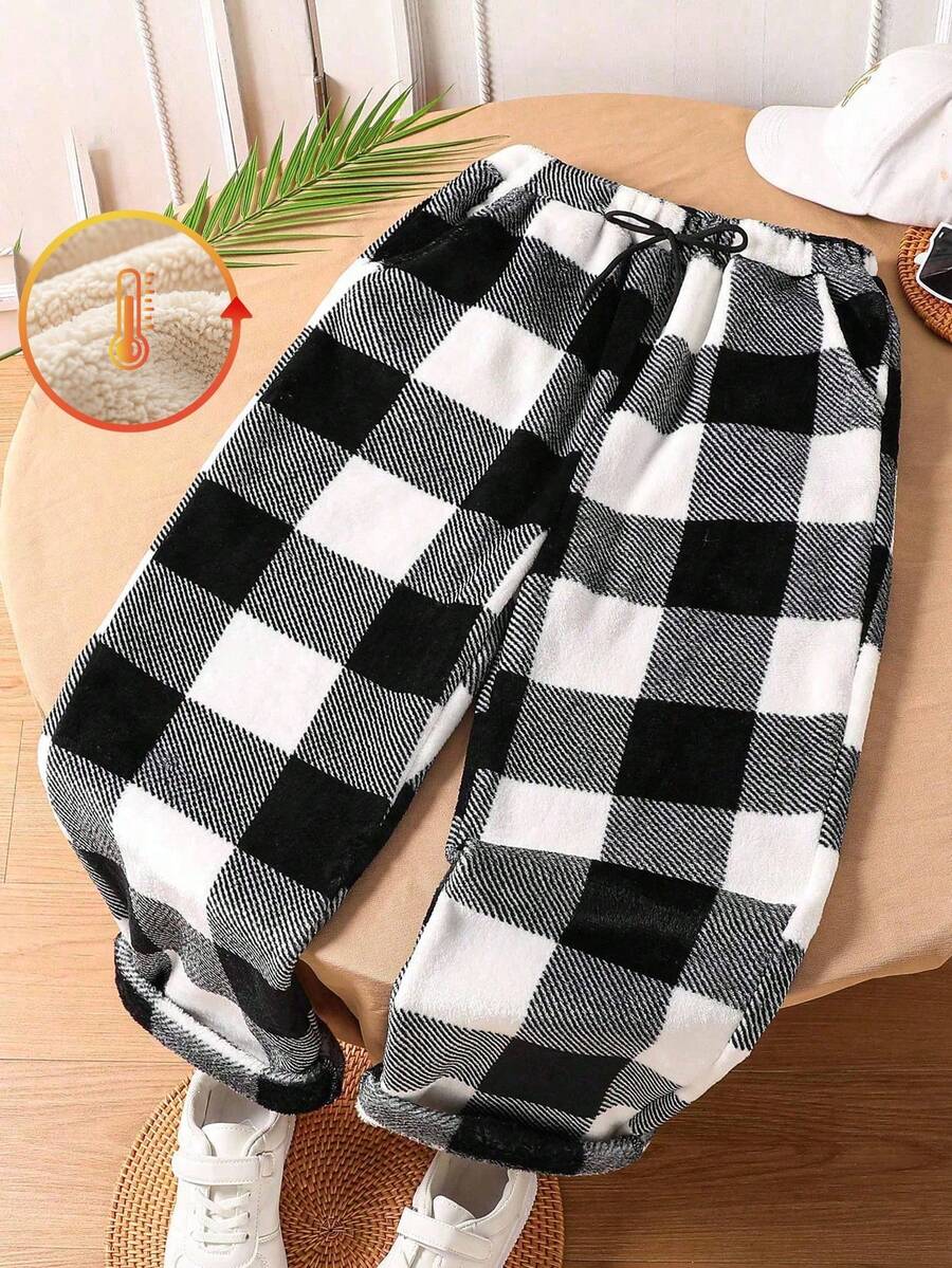 适合青少年男孩的休闲黑白格子宽松直筒蓬松裤 - 黑與白 - 查看 1