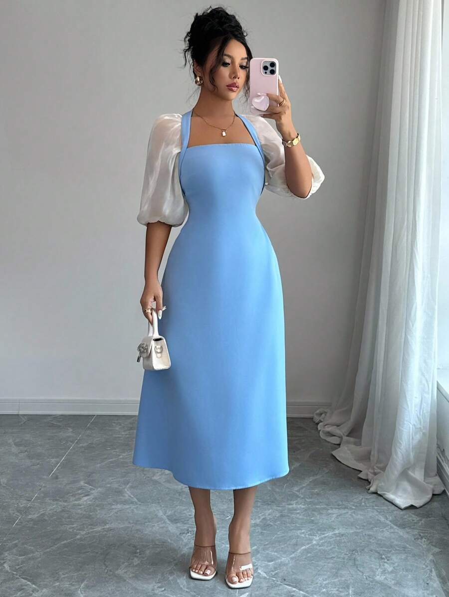 Elenzga Women's Elegant A-Line Dress With Patchwork, Contrast Color Puff Sleeves, For Afternoon Tea Party, Weddings, Lightweight Beach Resort Vacation, Spring/Summer