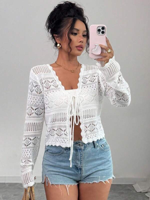 Elenzga Damen Sommer Urlaubsstil Lässig Gehäkelte Lochstrick Strickjacke mit Schnürung