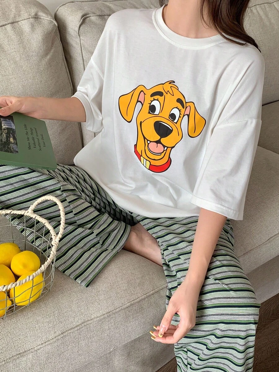 DAZY 女士两件套休闲狗狗印花条纹宽松短袖衬衫和裤子睡衣套装 - 白色 - 查看 1