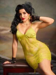 Rose Lace Spaghetti Strap Bodycon Nightgown For Women - Yellow - View 2