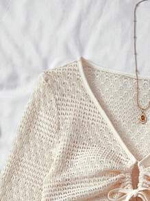 SHEIN Conjunto de 2 piezas para adolescentes con top de mangas abullonadas y shorts mini con lazo y ajuste delgado, de estilo hueco, ideal para verano, vacaciones, citas, tarde de té, festivales, festivales de música, estilo bohemio