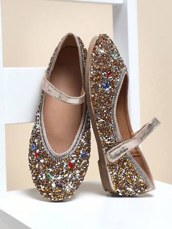 Mini mi 公主认可的女童水钻星空香槟色圆头玛丽珍平底鞋 - 适合公主舞会和派对的靠垫式正装鞋