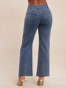 NYA SZN Pantalones vaqueros con cintura alta, desgastados y recortados, con detalles de bolsillos metálicos y tachuelas para conciertos, eventos campestres y festivales para mujeres - Azul lavado oscuro - Ver 2