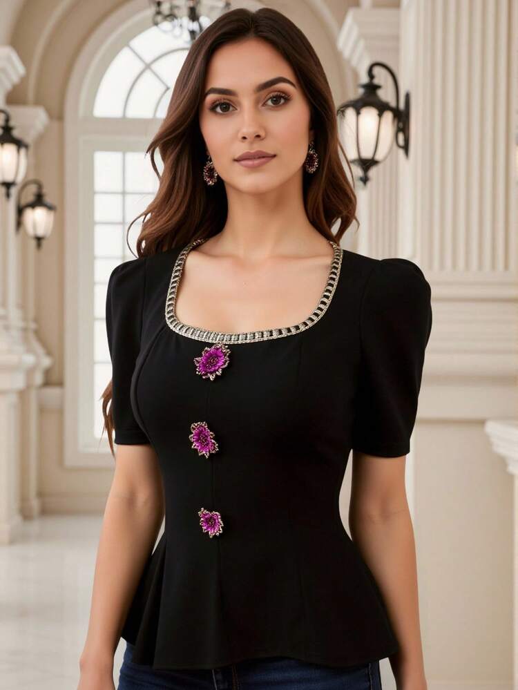 Elegant Fitted Sheer Sequin Floral Decor Contrast Ruffle Hem Short Sleeve Blouse, Suitable For Party, Wedding, Graduation, Summer Babydoll Top