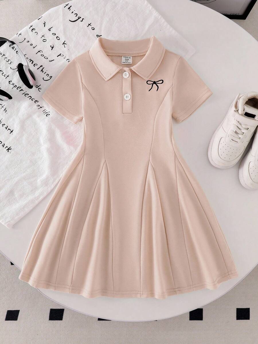 Genkimix Kids Girls (Small Size) White Cute Bow Embroidered Stand Collar Short Sleeve Casual Dress, Comfortable, Stylish, Spring & Summer Preppy Dress Girls Beige Dress Girls Polo Dress