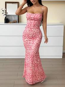 SHEIN EZwear 夏季女士休闲浅粉色豹纹连衣裙 - 淺粉色 - 查看 5