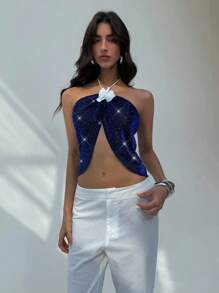 Aloruh Women Women's Elegant Romantic Beach Vacation Blue Glitter Sexy Suspender Top Y2K Young Girl Country Music Festival Concert Outing Top Solid Color Asymmetric Hem Sexy Halter Sleeveless Top For Party