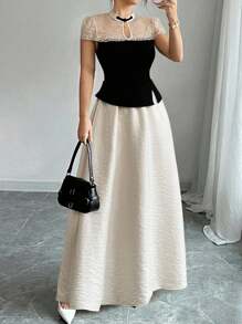 Elenzga Women's Elegant Contrast Lace Round Neck Long Dress, Summer - Multicolor - View 1