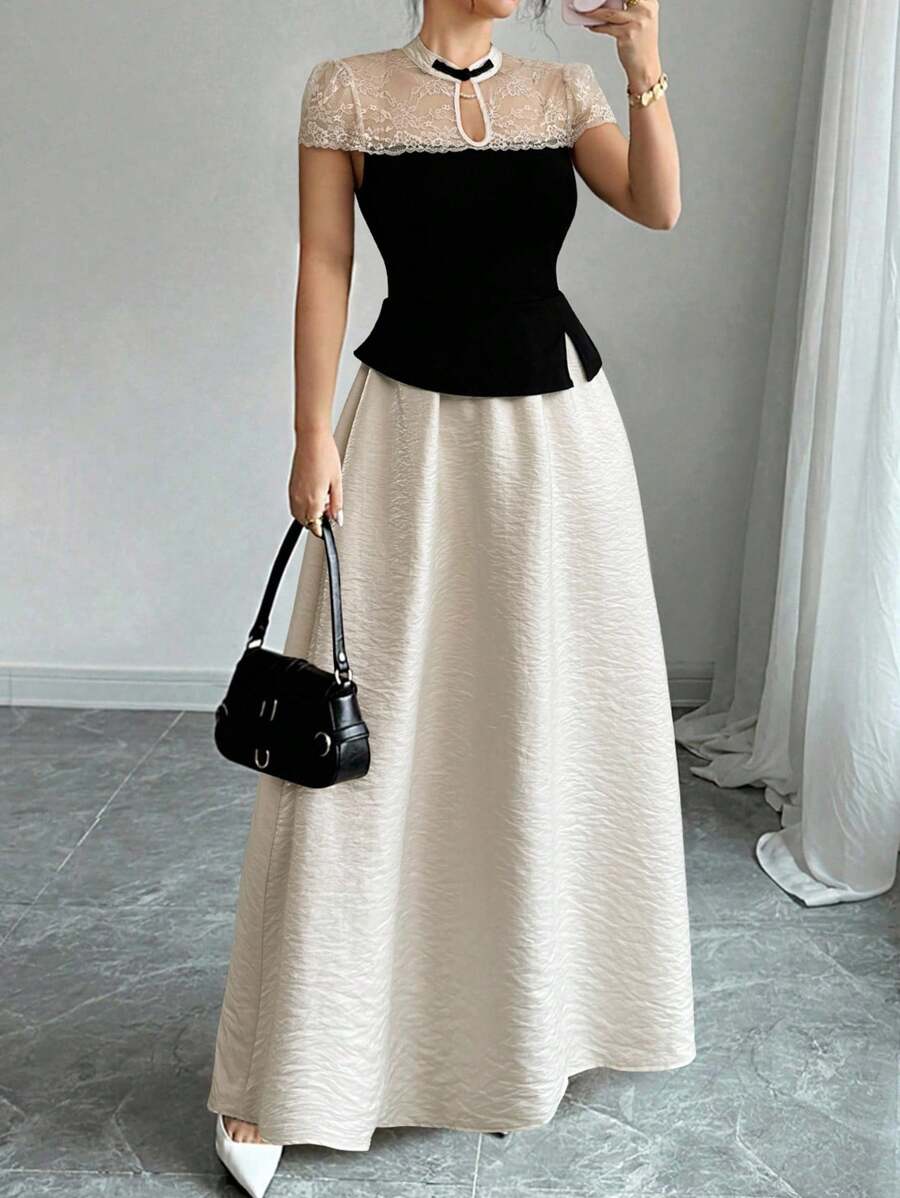 Elenzga Women's Elegant Contrast Lace Round Neck Long Dress, Summer - Multicolor - View 1