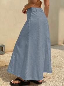 DAZY 纯色A字型女士长款休闲牛仔裙 - 中等水洗藍 - 查看 2