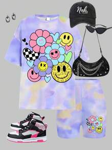 SHEIN 青少年女孩休闲宽松短袖 T 恤和紧身裤两件套，适合夏季 - 彩色 - 查看 2