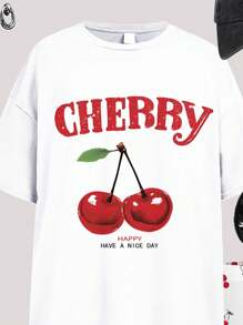 Ensemble décontracté vintage de 2 pièces (T-shirt court manches courtes et short) avec imprimé mignon de cerises, convenant aux ados filles. Style simple et ample, idéal pour l'été, les vacances et un confort facile. - Multicolore - Voir 4