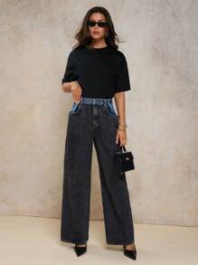 COSMINA 女式黑蓝撞色水洗宽松直筒牛仔裤，休闲百搭，复古风 - 深灰色 - 查看 6