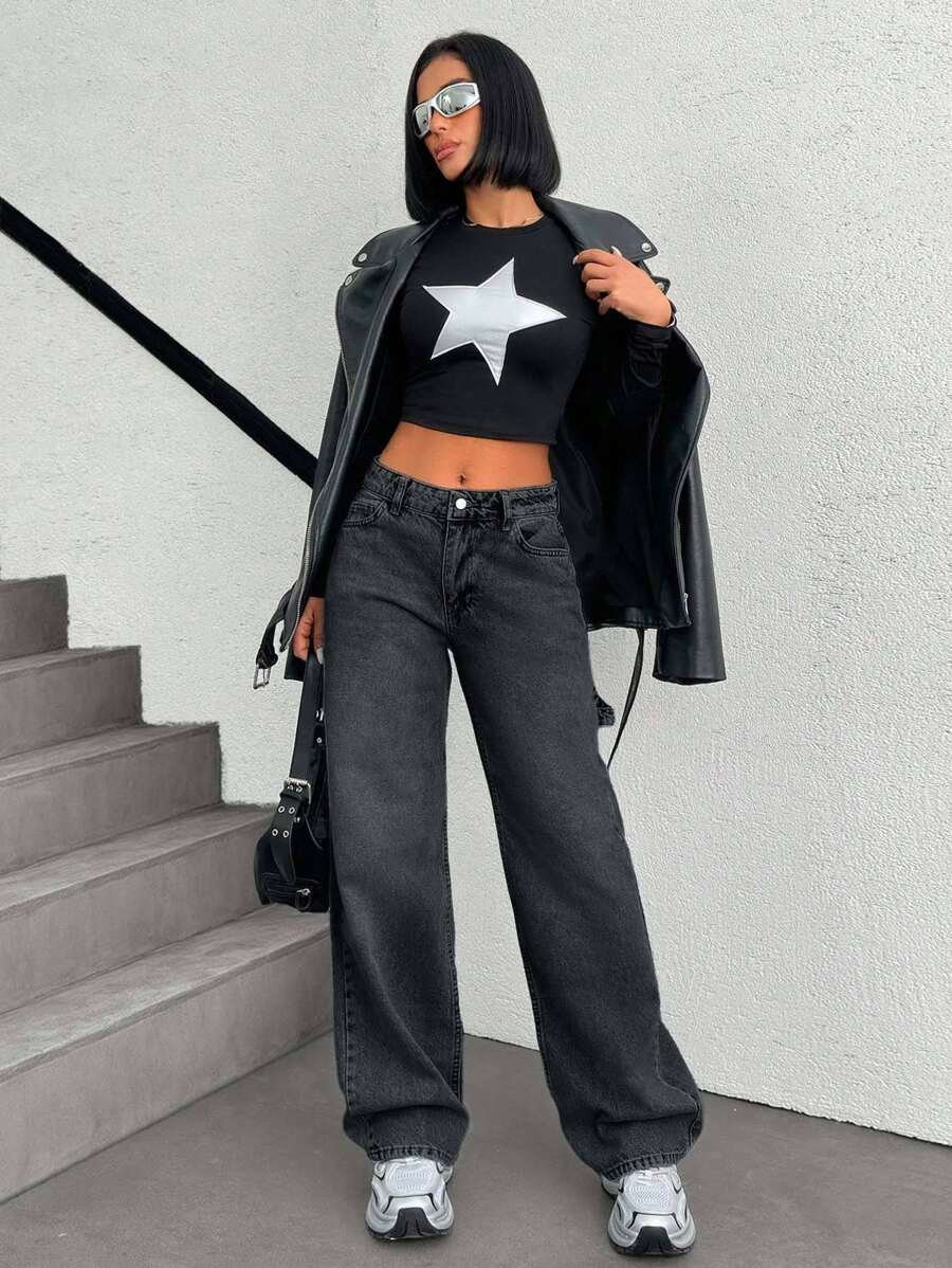 SHEIN Cottnline 100% Cotton WIDE LEG LOW WAIST JEANS - Dark Grey - View 1