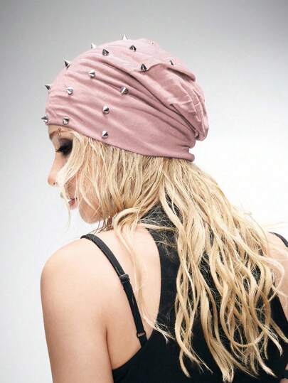 Grunge Punk 1pc Punk Style Studded Lightweight Beanie, Y2K High-Quality Vintage Solid Light Pink Slouchy Hat, Fashionable Casual Wear All Season