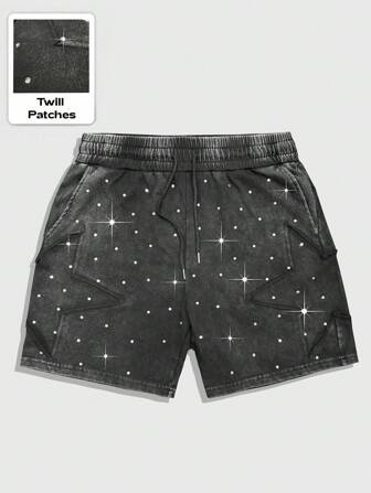 Street Life Pantalones cortos de verano informales con parches de strass y cordón en la cintura para hombre