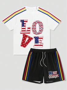 ROMWE MEN Prep Men's Casual Short Sleeve T-Shirt And Shorts 2 Pieces Set - Multicolor - View 1