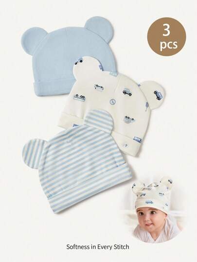 Cozy Pixies 3 件套新生儿柔软舒适帽，蓝色汽车条纹印花和纯色熊图案
