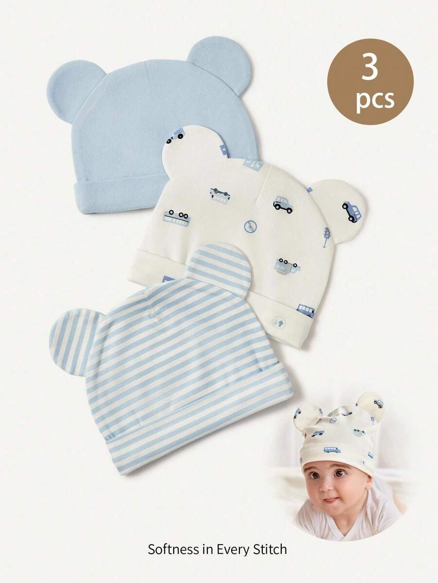 Cozy Pixies 3 قطع/طقم قبعات لحديثي الولادة ناعمة ومريحة، بتصميم خطوط سيارة زرقاء ولون أزرق داكن ودب على الألوان موحد اللون - متعدد الألوان - مشاهدة 1