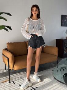 DAZY Hollow Out Drop Shoulder Crop Top Without Bra Going Out Tops Festival Sheer,Beach Outfits Long Sleeve Women Tops,Fall Women Clothes - White - View 4