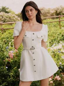 Savoree Beige Elegant Romantic Elegant Rhinestone Button Woven Tweed A-Line Short Dress, Suitable For Wedding Guest, Fairy Dress