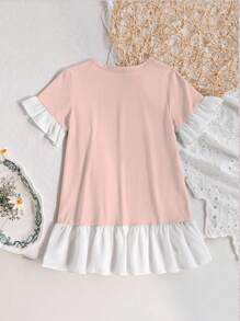 Baby Mädchen grünes minimalistisches Blumen Ärmel und Rock Patchwork Chiffon Design Lässig Nachthemd Nachtwäsche - Pink - Übersicht 2