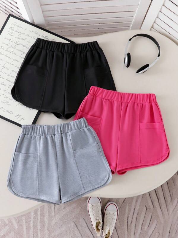 SHEIN Short holgado de diseño con bolsillos en talla grande para niñas, cómodo y de pierna ancha, para primavera/verano