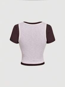 SHEIN MOD Camiseta ajustada de 2 en 1 rosa y marrón con diseño de patchwork, ropa de vuelta al colegio, para el aeropuerto - Multicolor - Ver 2