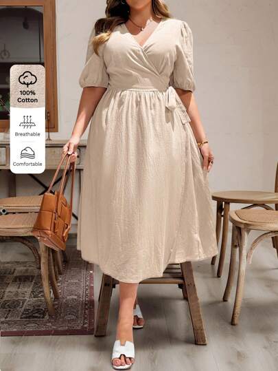 SHEIN Essnce 大码女装春夏时尚优雅舒适修身日常杏色 V 领亚麻吊带中长连衣裙，女士度假装，女士西式服装，女士早午餐装，波西米亚风连衣裙，茶会连衣裙，欧洲夏季