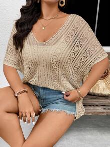 SHEIN Frenchy Jersey de punto holgado para mujer, blanco, para casual y vacaciones, de talla grande, versátil y sencillo