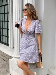 Chiquease Women's Vacation Ditsy Floral Front Tie Puff Sleeve Mini Dress - Purple - View 4