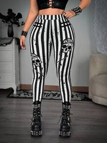 Whyspr Grunge Punk Vintage Stripe Skull Print Leggings, High Stretch - Black and White - View 4