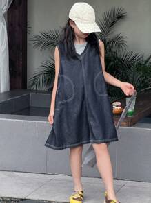Dazy Kids 2pcs/Set Tween Girls Round Neck Knit Tank Top + V-Neck Denim Dress, Outfit For Tween Girl Fall - Multicolor - View 5
