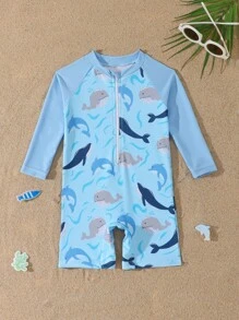 Baby Boy Dolphin & Shark Print One-Piece Swimsuit, Beach/Resort - Blue - View 1
