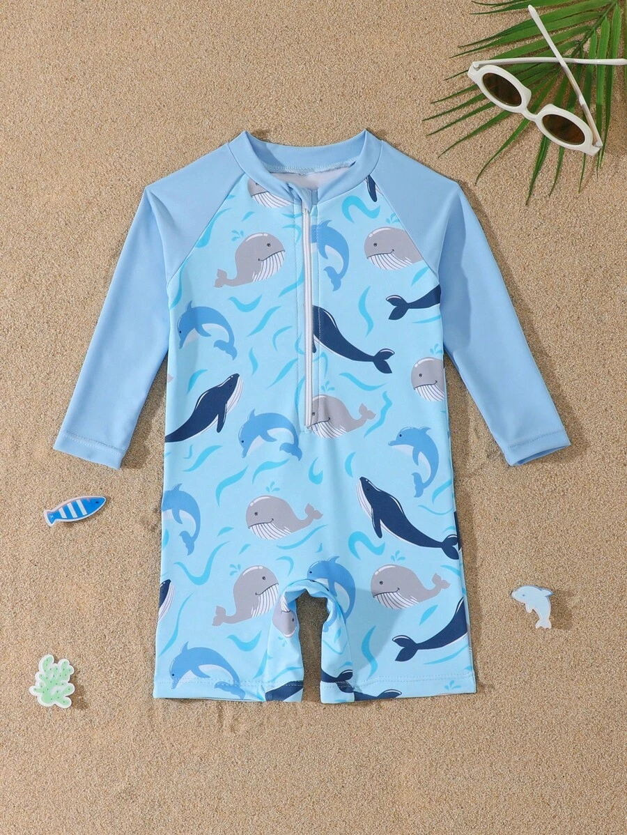 Baby Boy Dolphin & Shark Print One-Piece Swimsuit, Beach/Resort - Blue - View 1